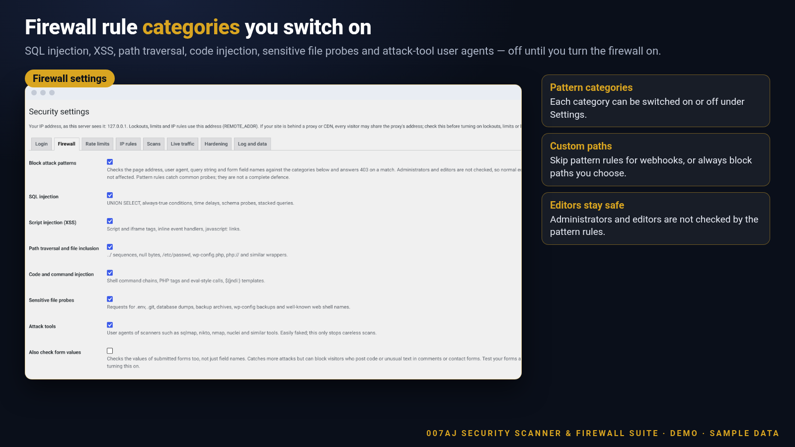 Screenshot of the Firewall settings tab with rule categories for SQL injection, XSS, path traversal, code injection, sensitive files and attack tools
