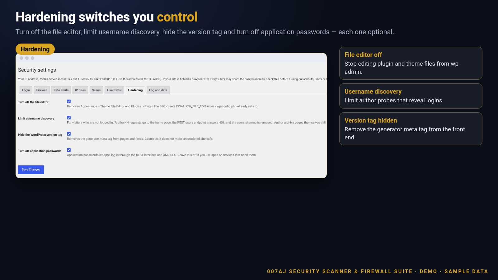 Screenshot of the Hardening settings tab with four switches switched on