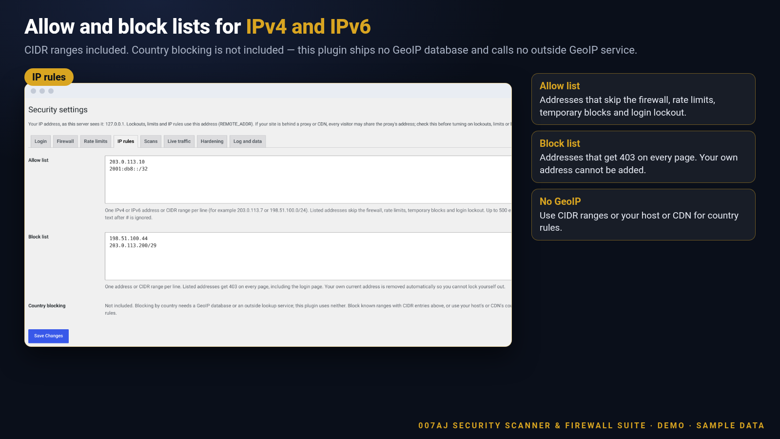 Screenshot of the IP rules settings tab with sample allow and block lists using documentation IP addresses