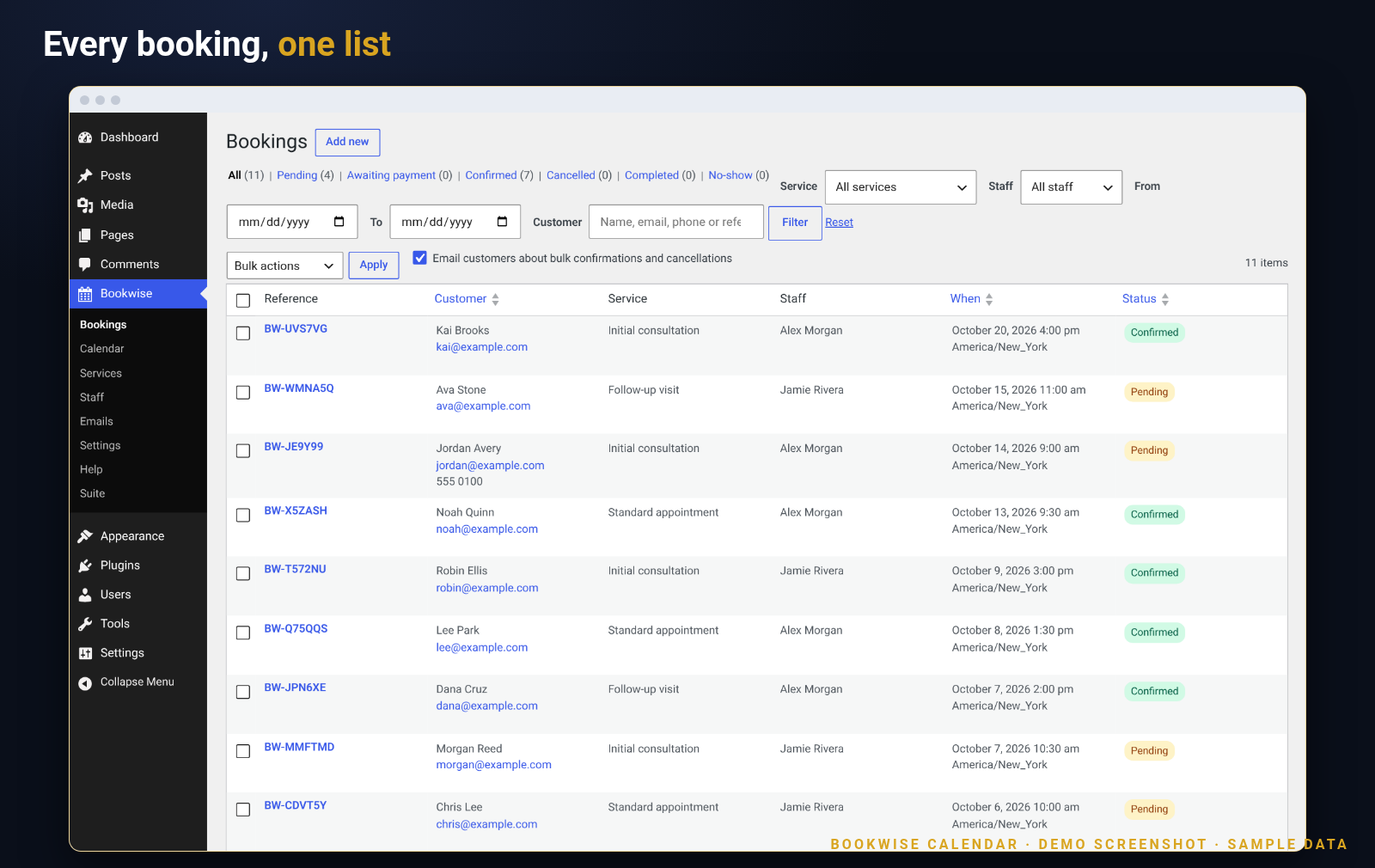 Screenshot of the Bookwise bookings list with status filters and search