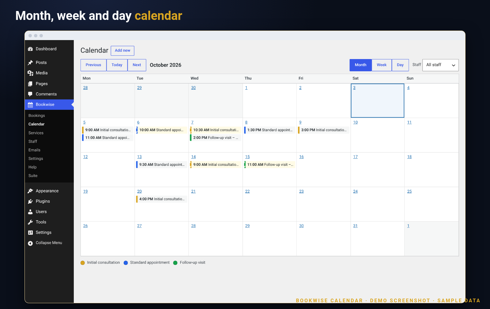 Screenshot of the Bookwise admin calendar in month view with colour-coded bookings