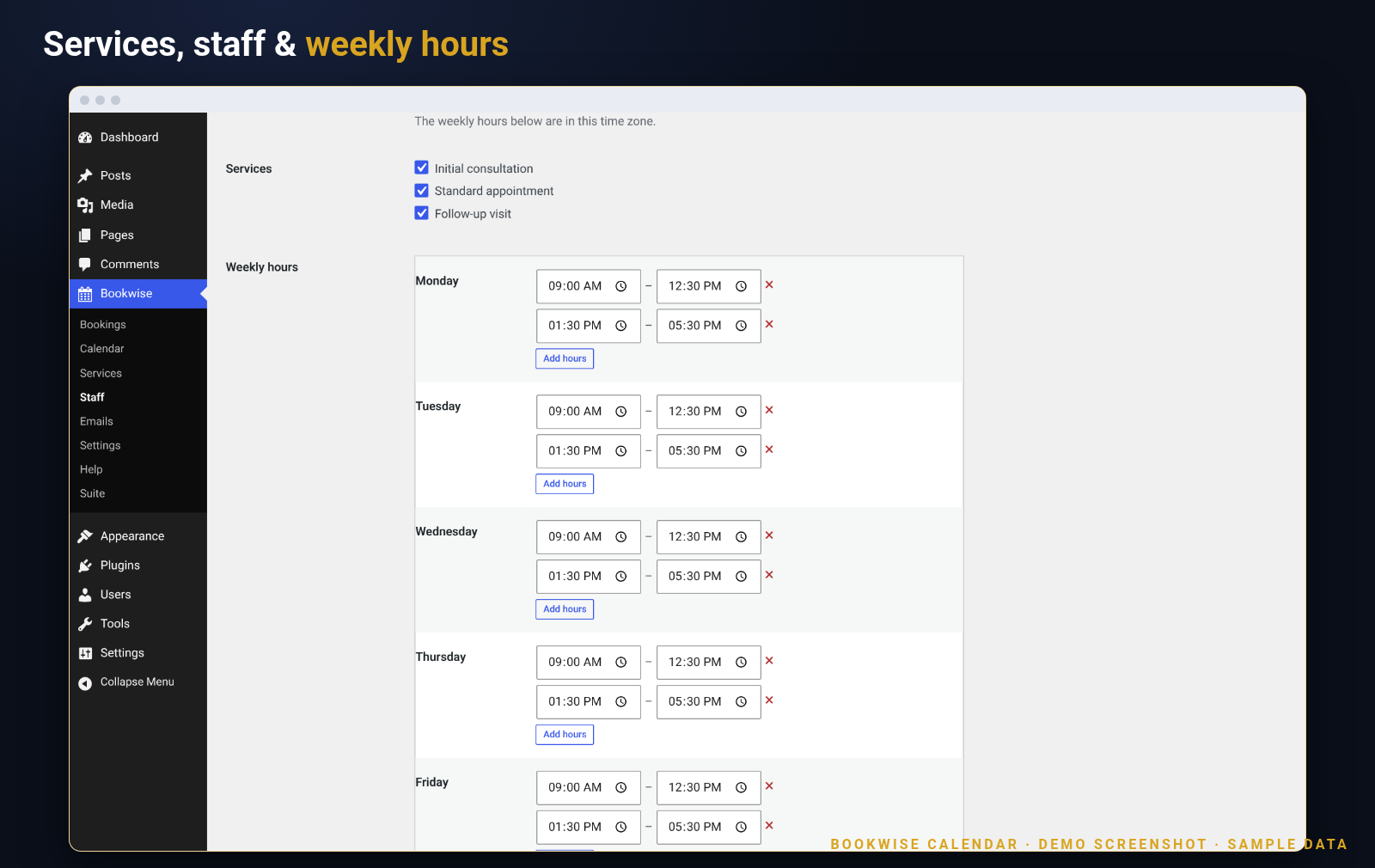 Screenshot of the Bookwise staff screen with services and weekly working hours