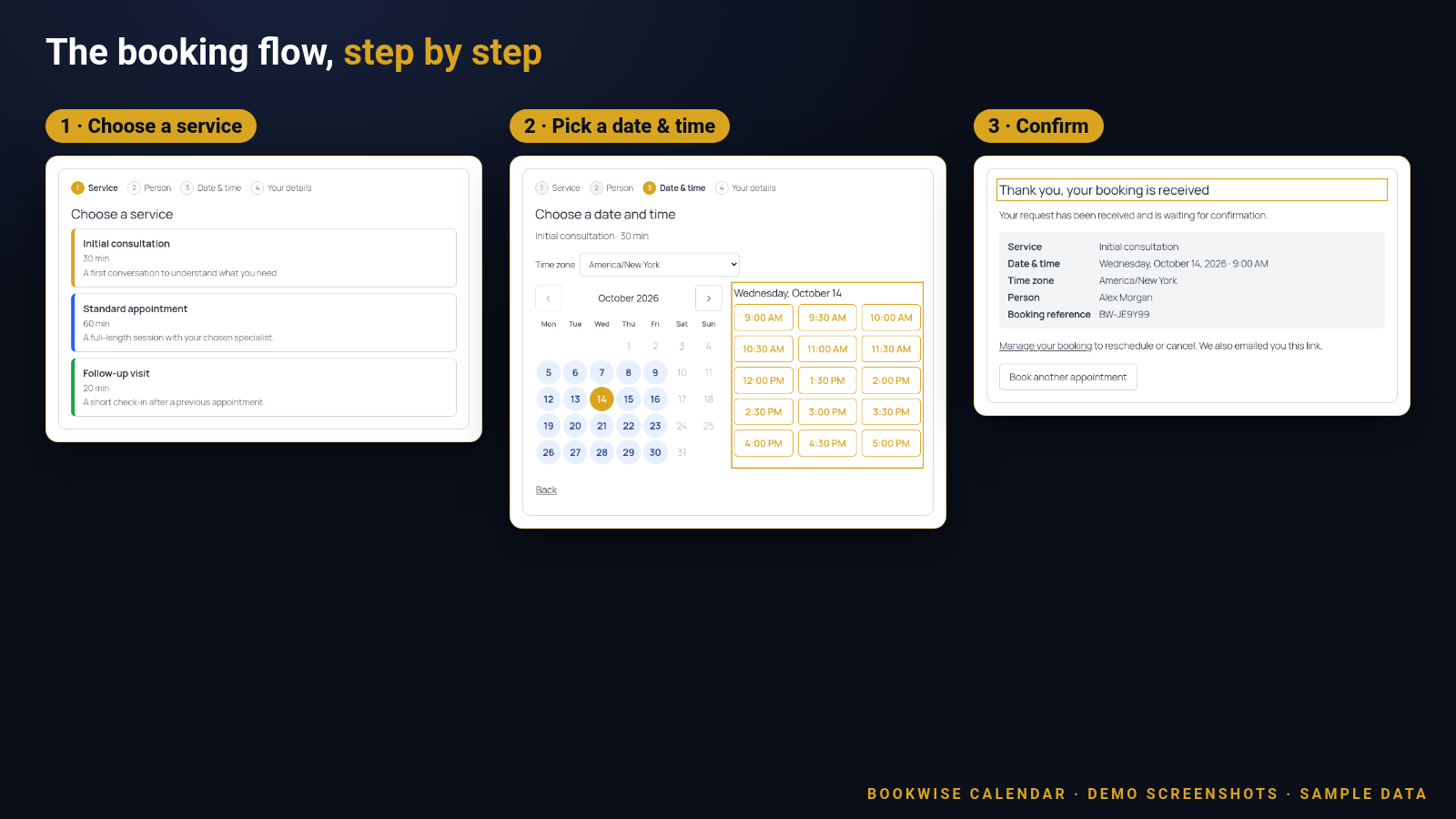 Screenshots of the Bookwise Calendar booking form: choose a service, pick a date and time, confirmation