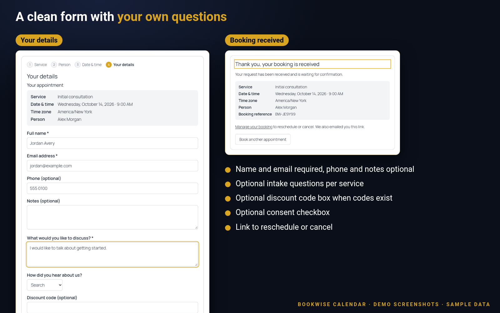 Screenshots of the Bookwise Calendar details step with custom questions, and the booking received screen