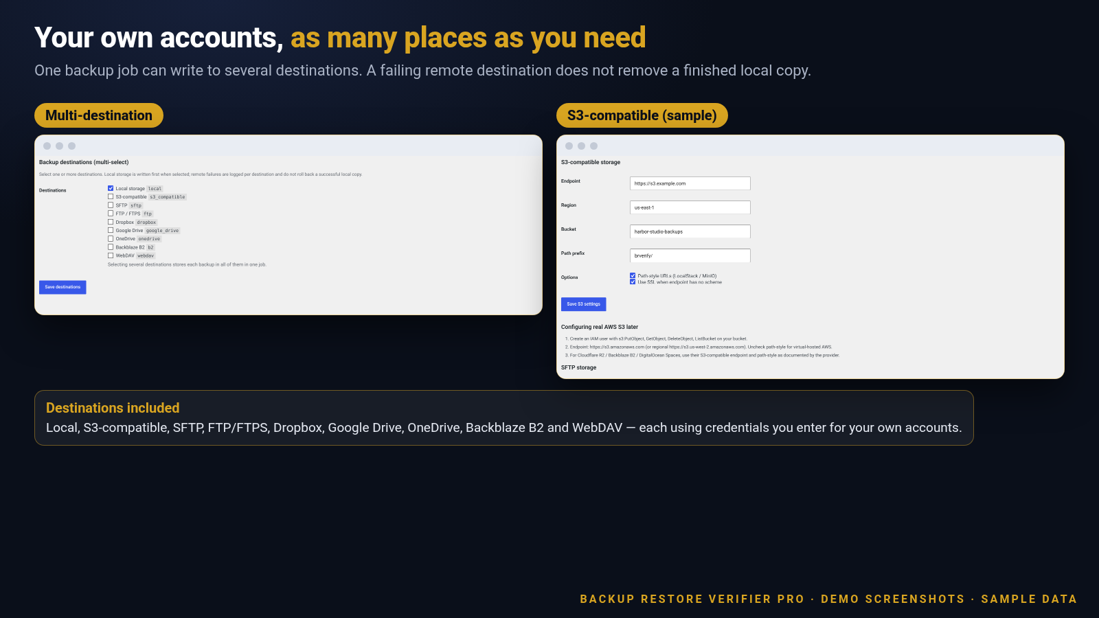 Screenshot of multi-destination selection and S3-compatible storage settings with example.com sample values