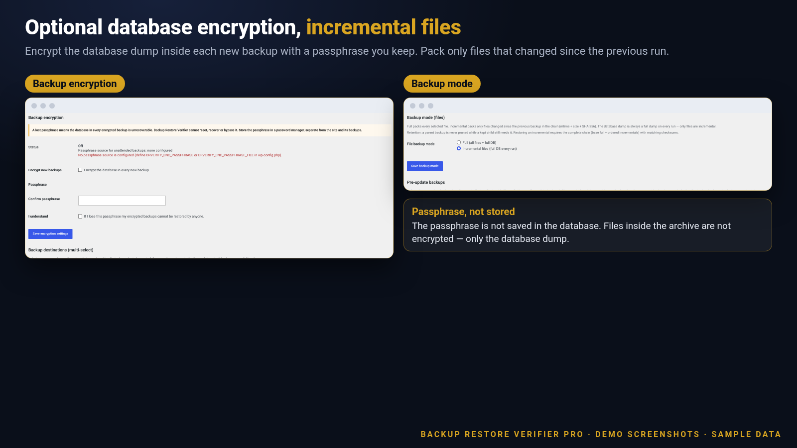 Screenshot of backup encryption settings using passphrase wording and incremental file backup mode selected