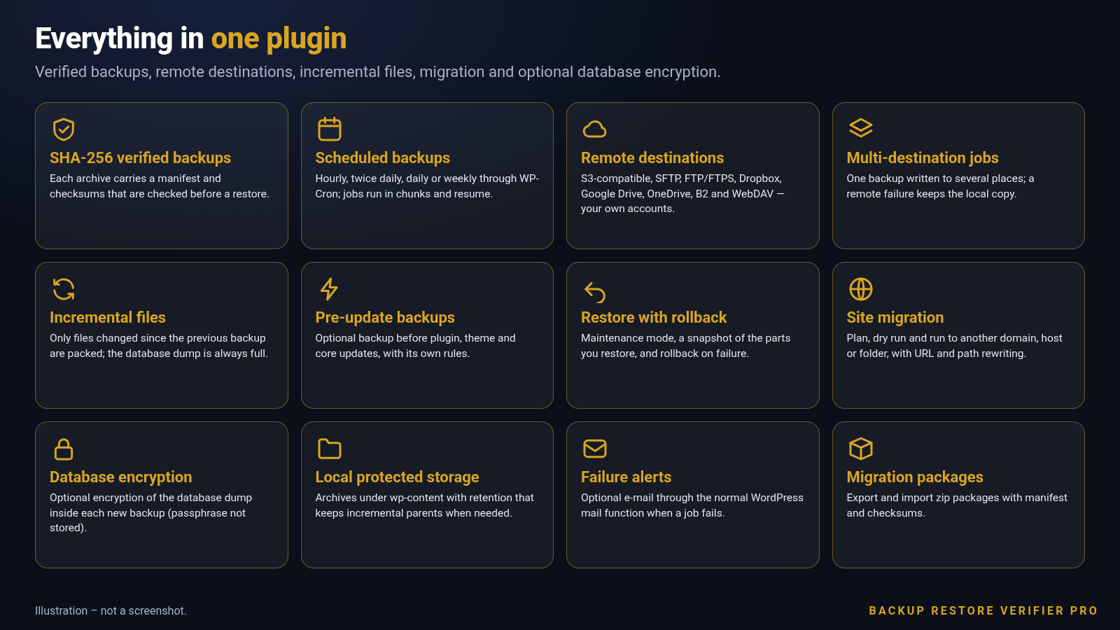 Illustration of Backup Restore Verifier Pro features: verified backups, destinations, incremental files, migration and encryption