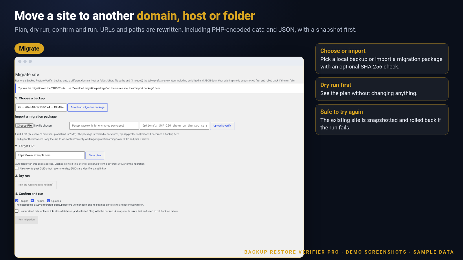 Screenshot of the Migrate site screen with a chosen backup, target URL example.com and dry-run step