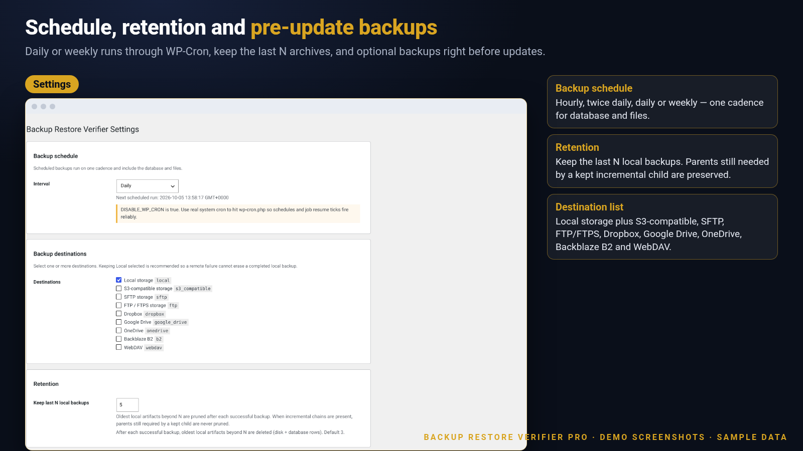 Screenshot of the Backup Restore Verifier Pro settings screen with daily schedule, destination list and retention set to keep the last 5 backups