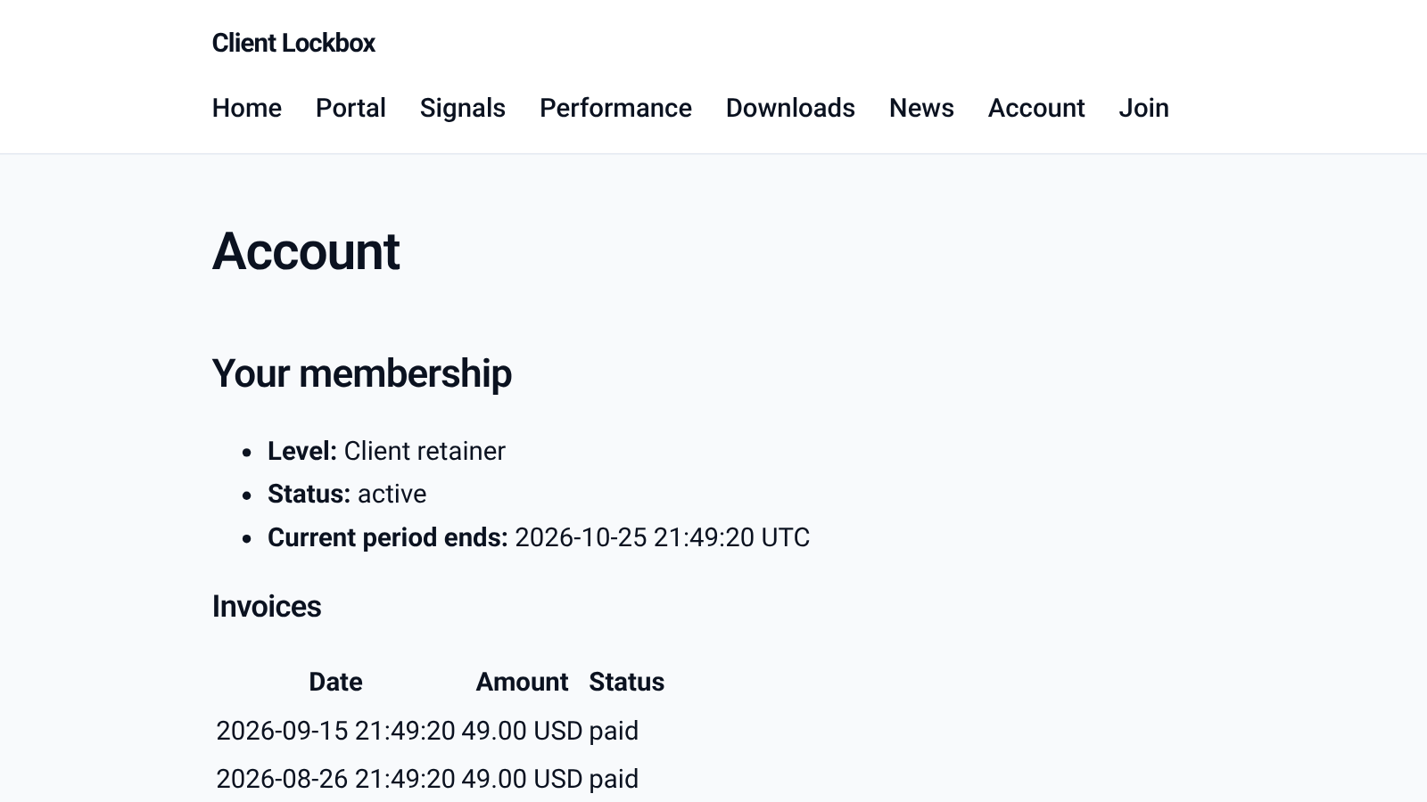 Screenshot of the member account page showing level, status, renewal date and invoices