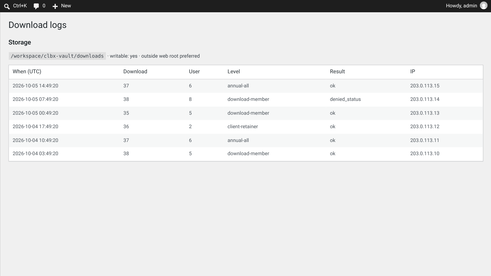 Screenshot of the Download logs admin screen with member, level and result