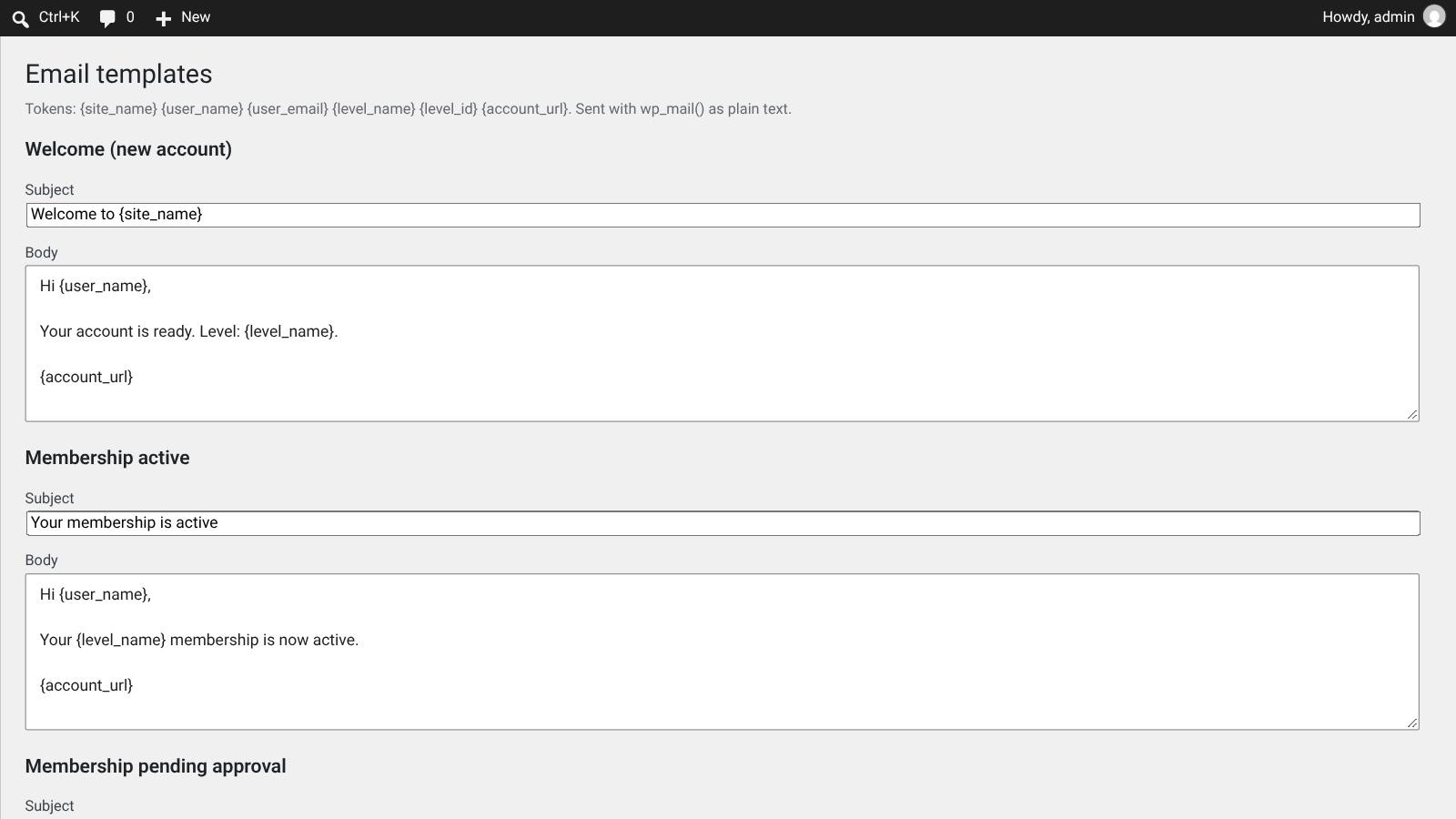 Screenshot of the Email templates admin screen