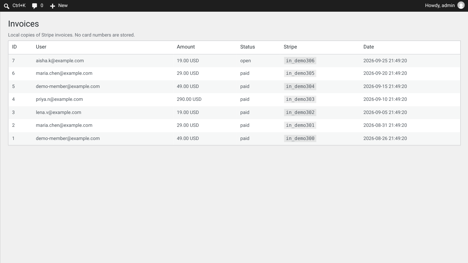 Screenshot of the Invoices admin list with amounts and status
