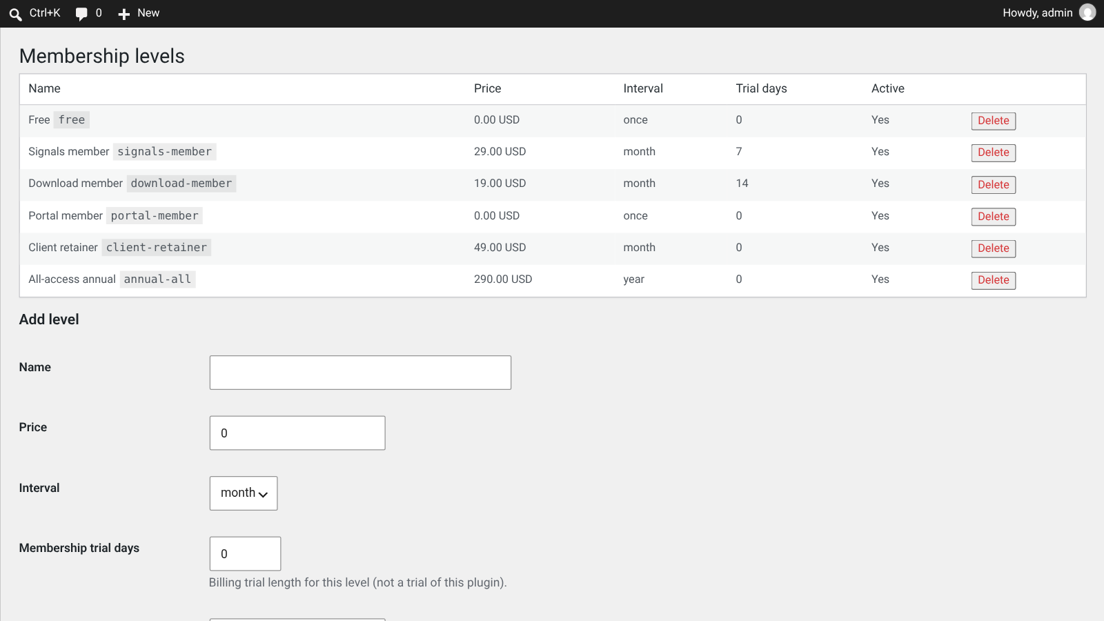 Screenshot of the Membership levels admin screen with amounts, billing intervals and trial days