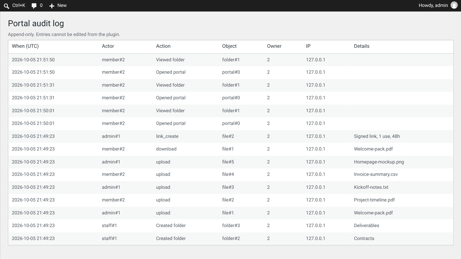 Screenshot of the append-only portal audit log