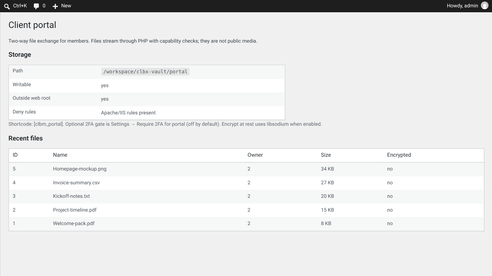 Screenshot of the Client portal admin screen showing storage outside the web root and recent files