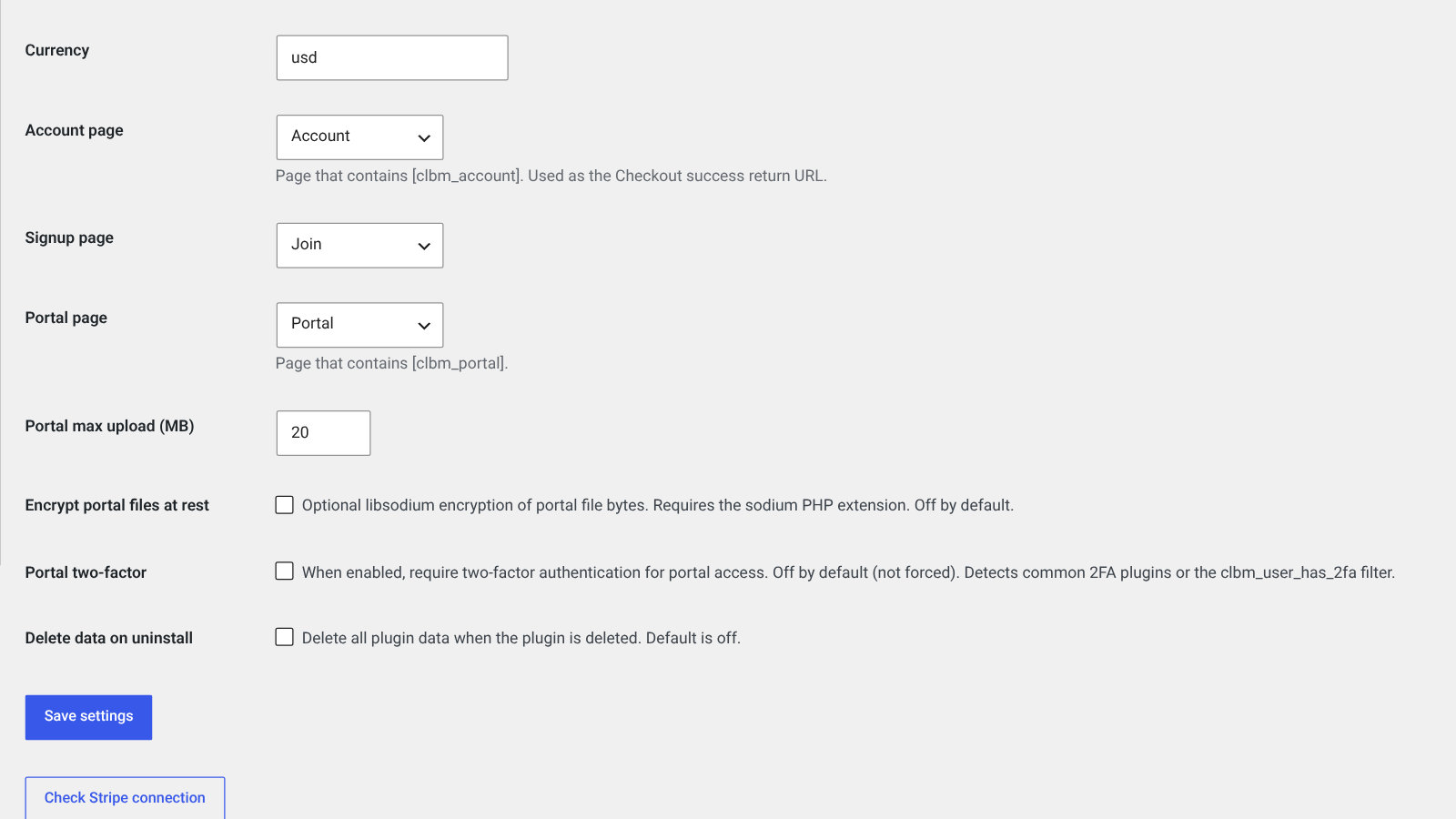 Screenshot of the plugin Settings screen with account, signup and portal pages, upload size and optional encryption and two-factor options