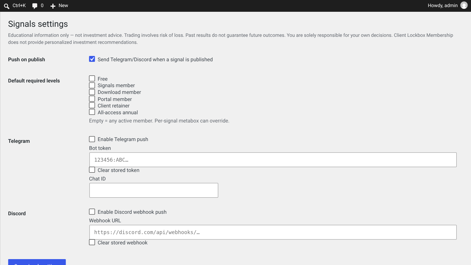 Screenshot of Signals settings with optional Telegram and Discord push