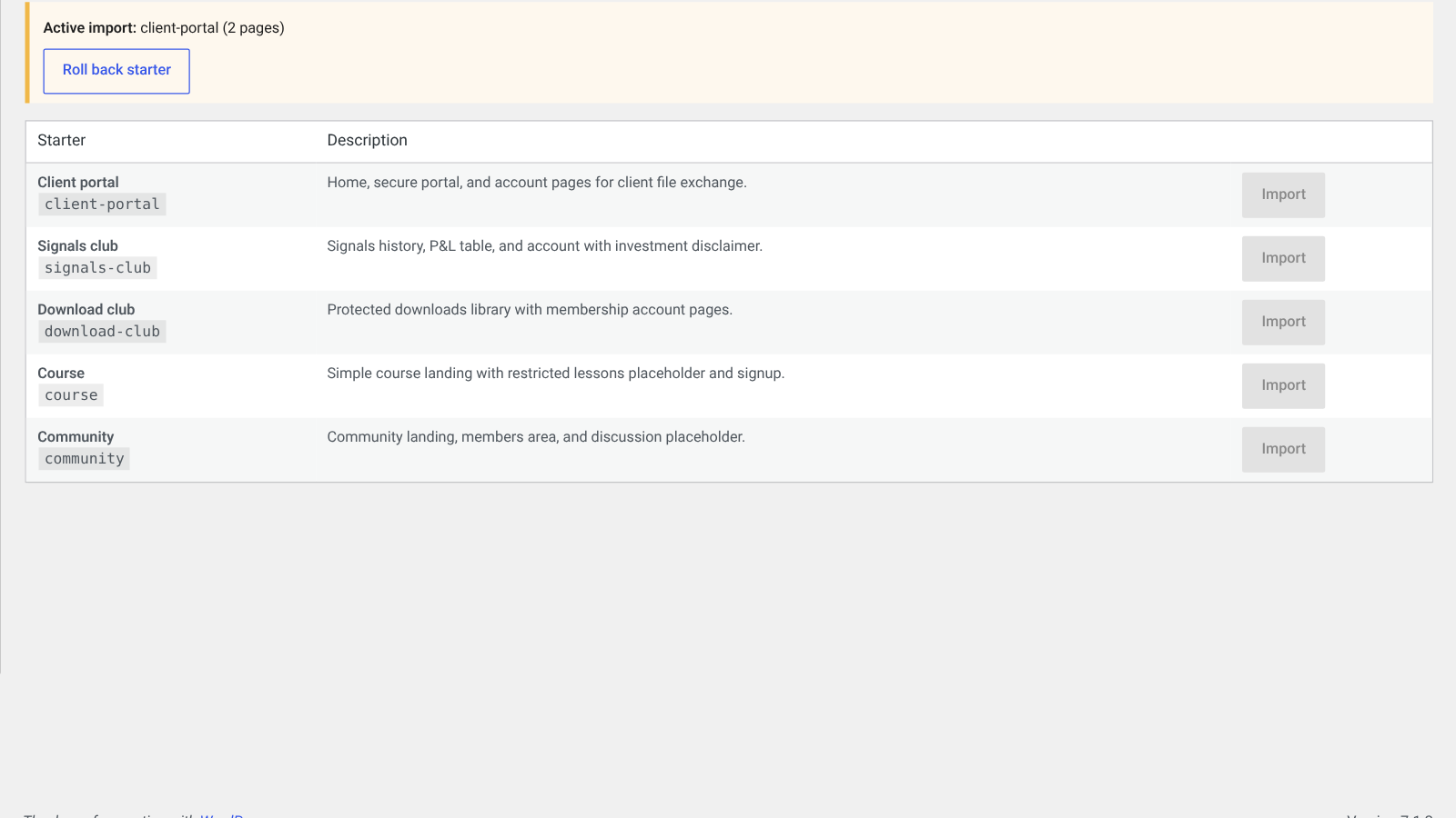 Screenshot of the Starter sites admin screen with five starters and a Roll back button