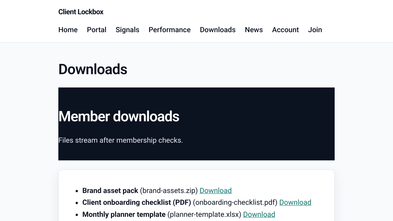 Screenshot of the members download list on the front end