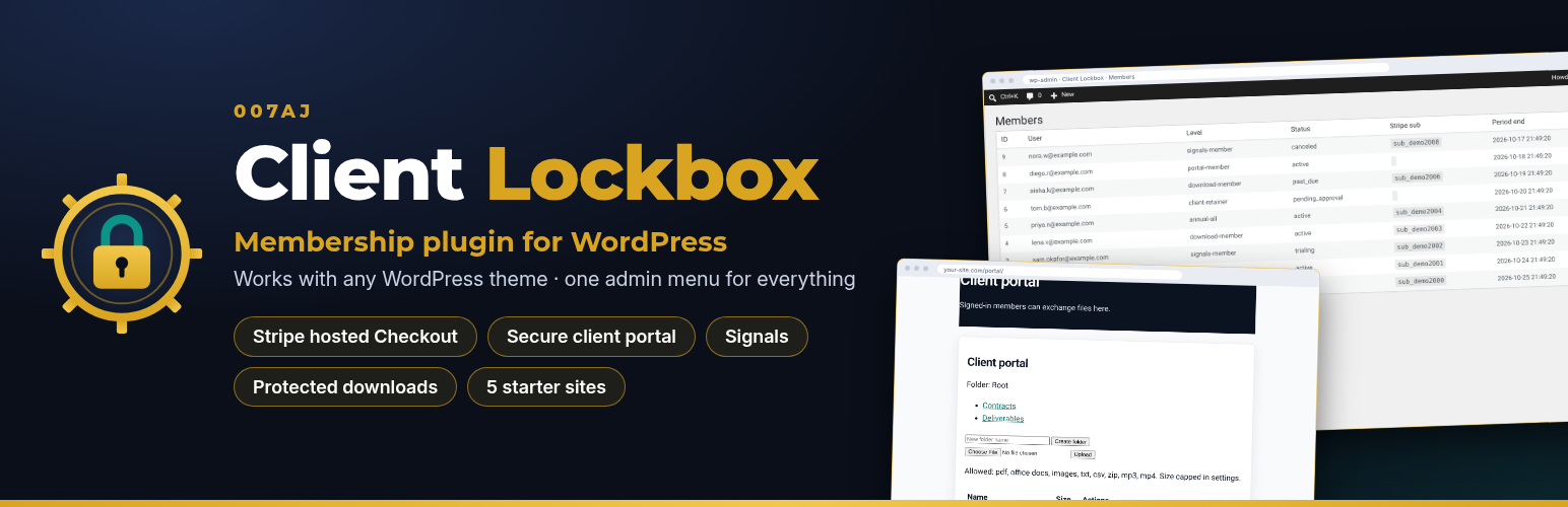 Client Lockbox Membership by 007AJ: WordPress membership plugin with Stripe hosted Checkout, secure client portal, signals and protected downloads