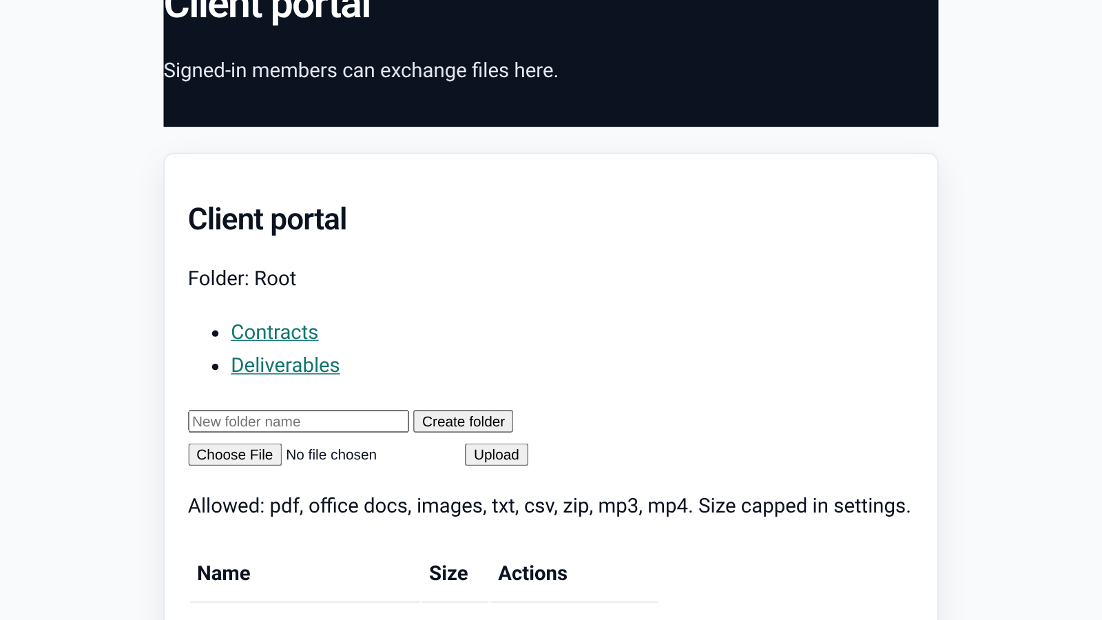 Screenshot of the front-end client portal with folders, upload form and file list