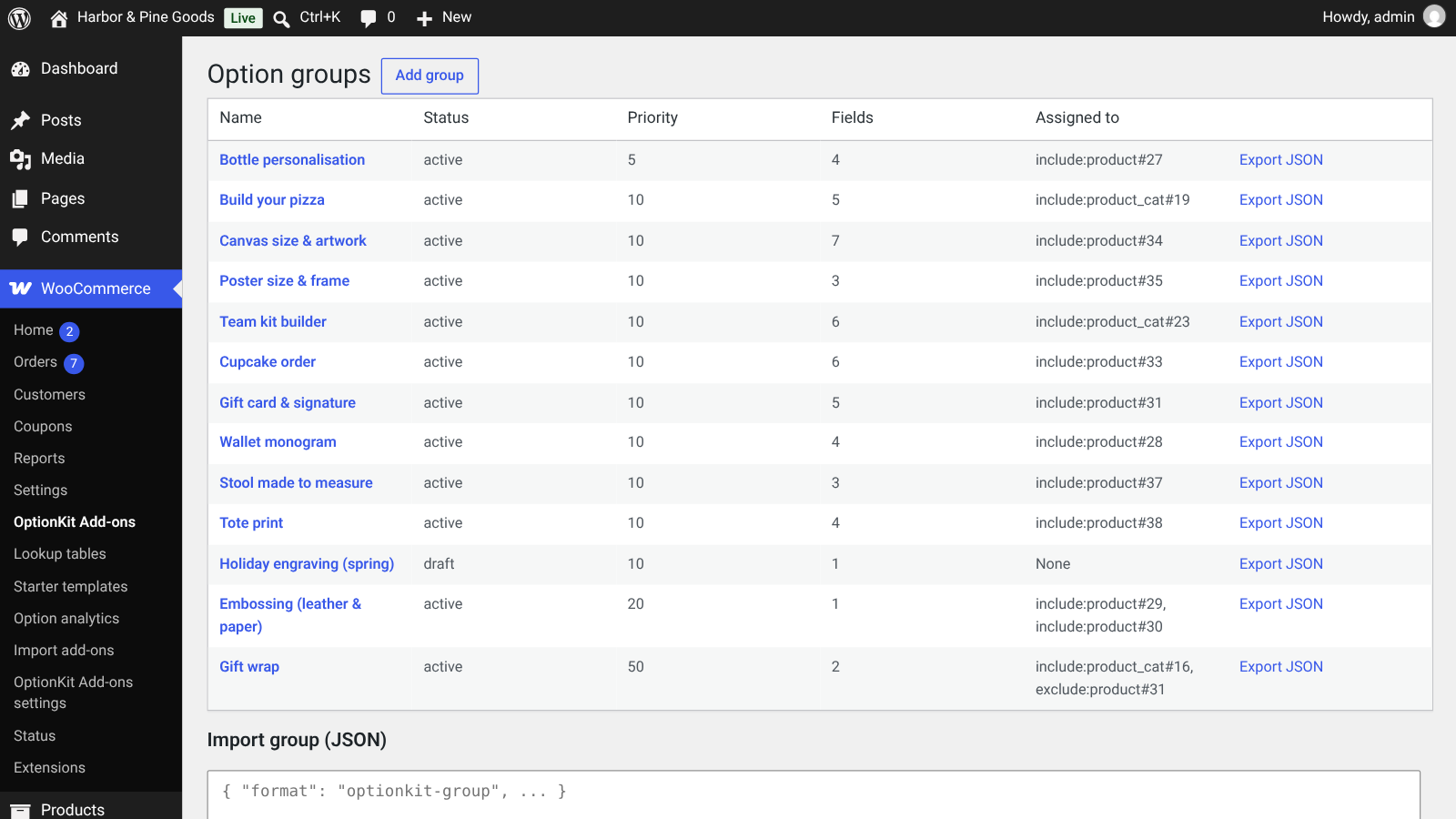 Option groups list with status, priority, number of fields, assignment and Export JSON links