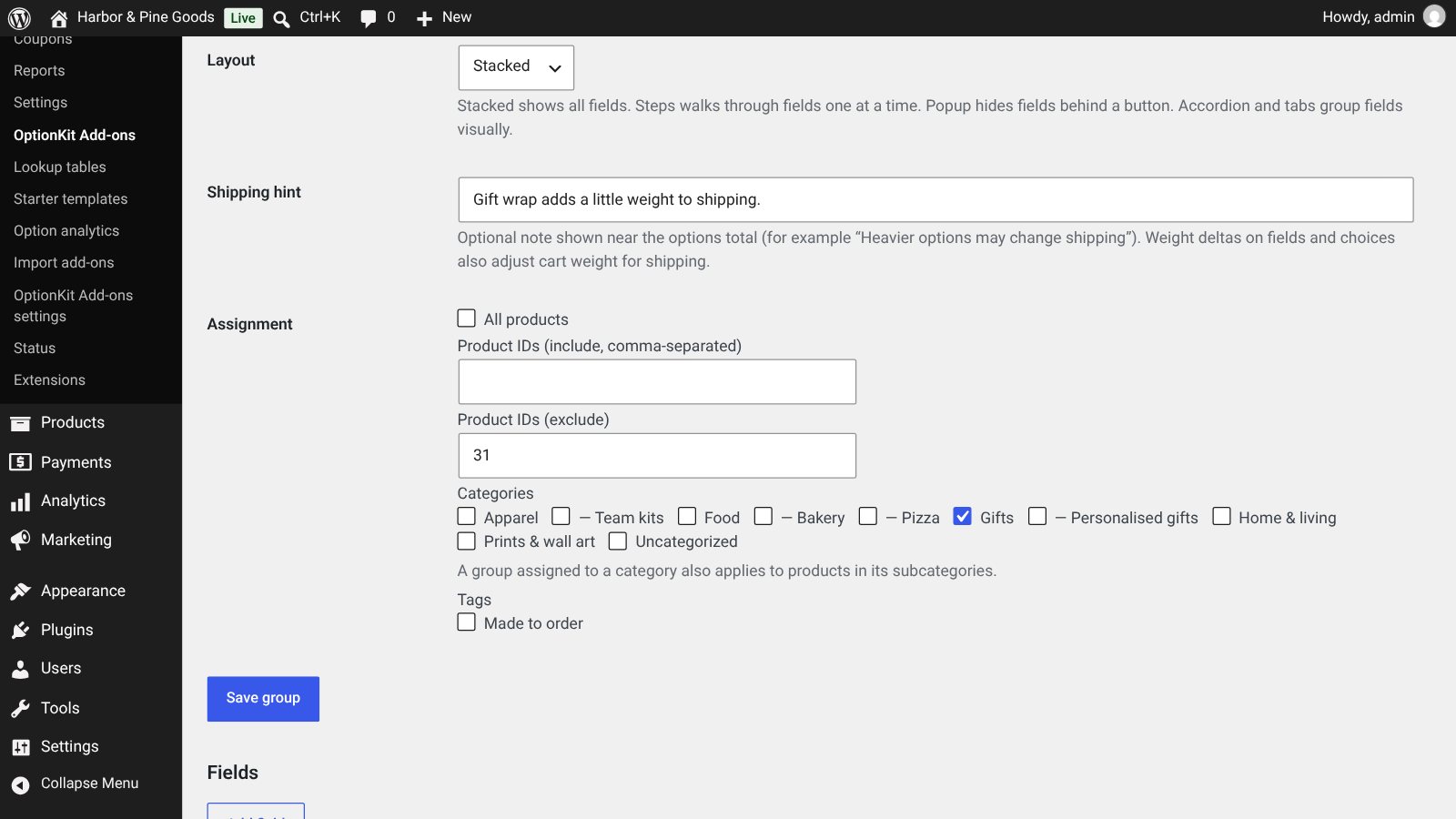 Group settings with layout, shipping hint, excluded product and a category tree with Gifts ticked