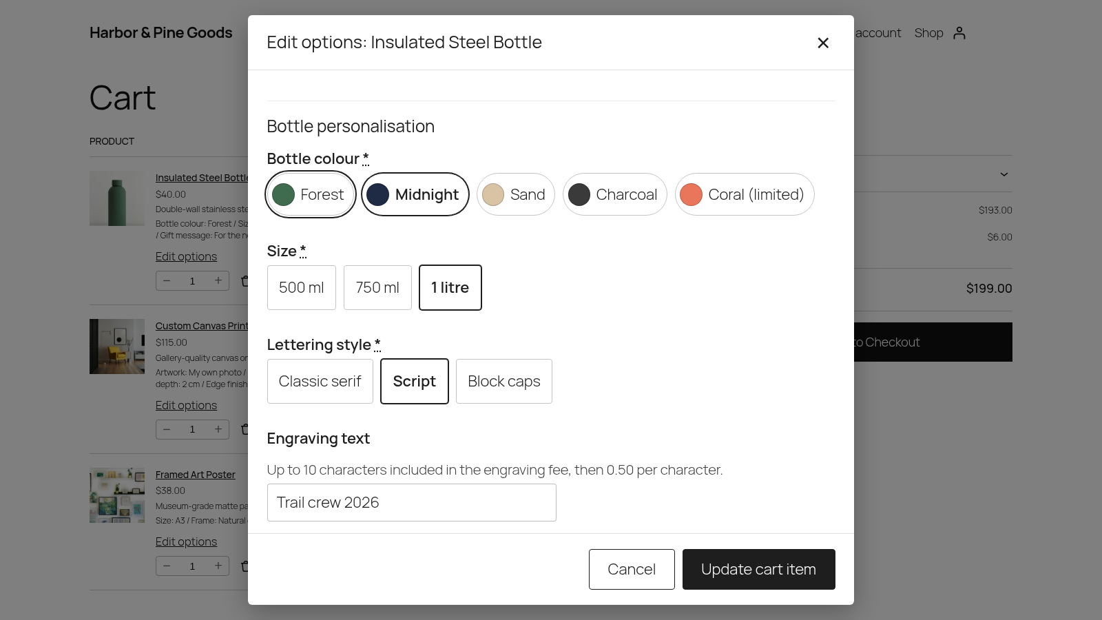 Cart block with the edit options dialog open for a bottle, showing its swatches and buttons