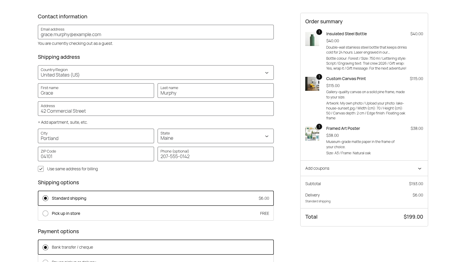 Checkout block order summary listing each product with its chosen options