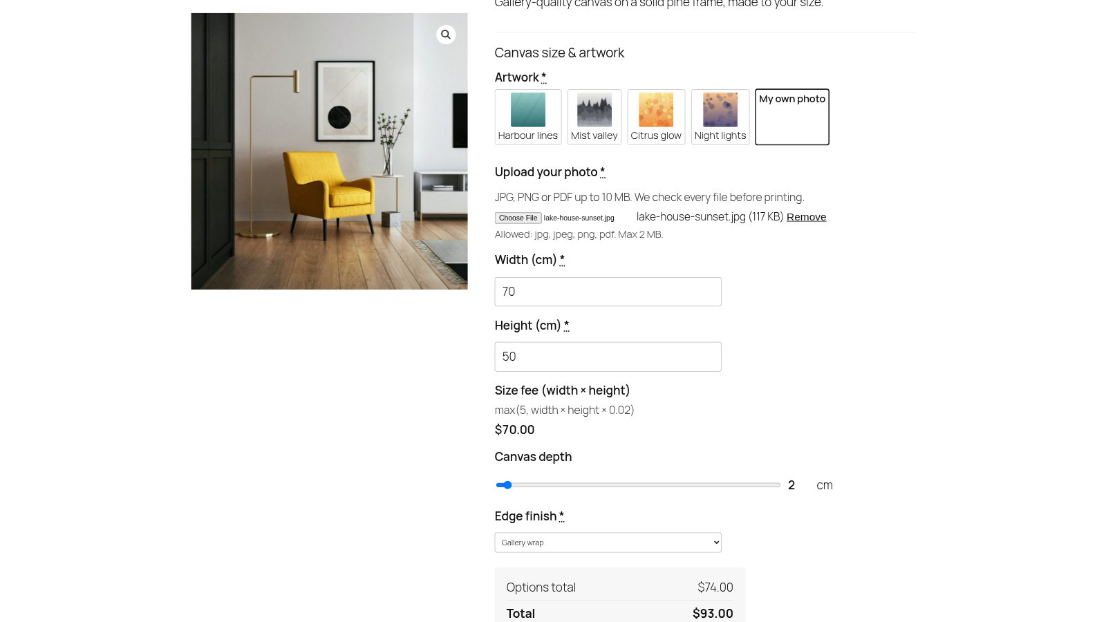 Canvas print where choosing My own photo shows a file upload field with the uploaded photo name
