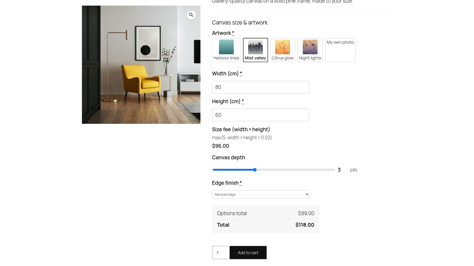 Canvas print with image swatches, width and height fields, a size fee worked out by formula and a depth slider