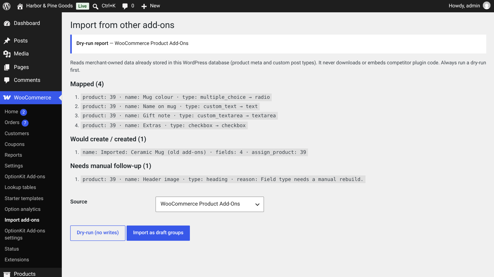 Import from other add-ons: a dry-run report for WooCommerce Product Add-Ons data