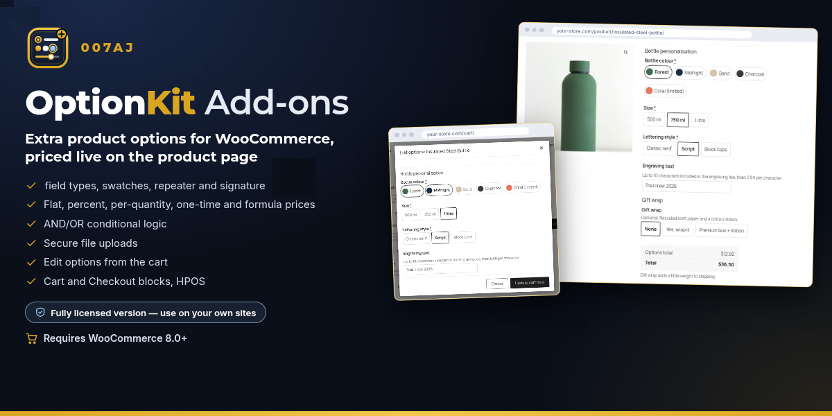 OptionKit Add-ons by 007AJ: a product page with colour swatches, size buttons, engraving text and a live total, plus the edit options dialog in the cart