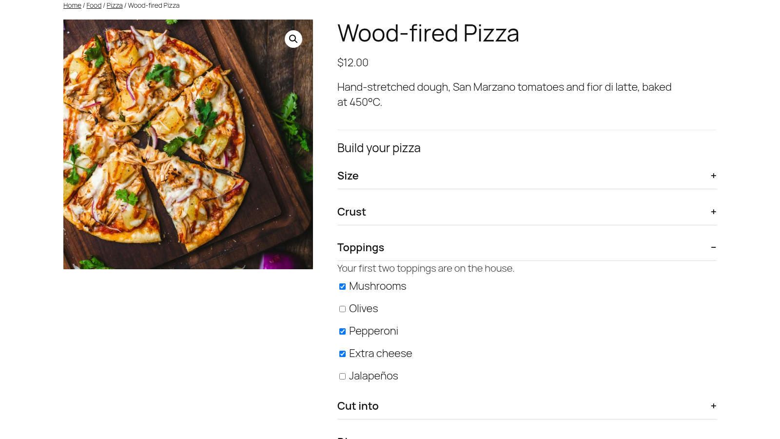 Pizza product with option sections in an accordion: size, crust, toppings with the first two free, and cut