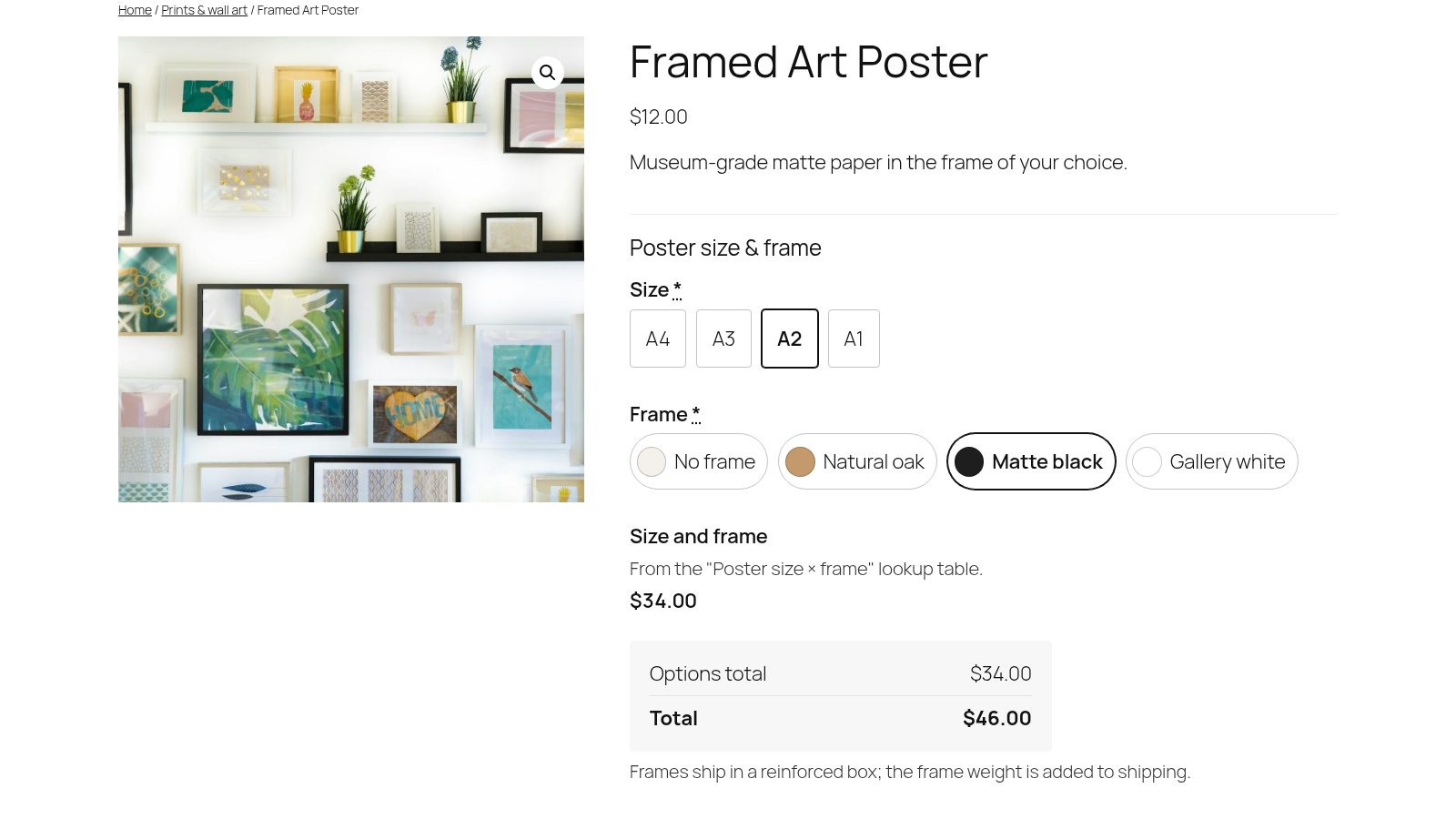Poster product priced from a size by frame lookup table, with size buttons and frame colour swatches