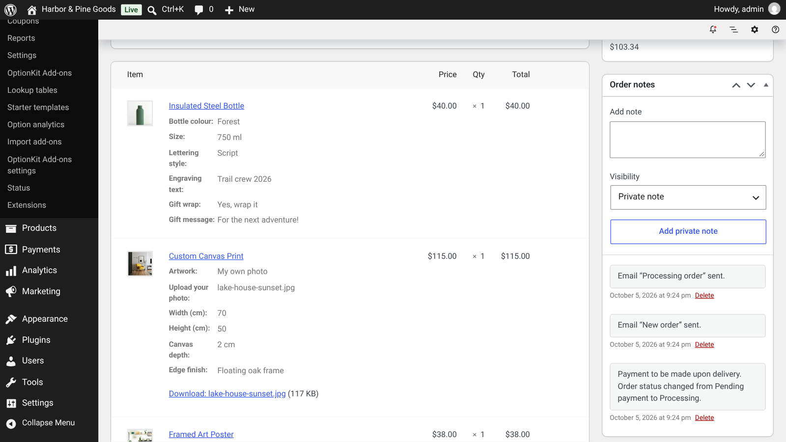 WooCommerce order screen showing each line's options and a download link for the uploaded photo