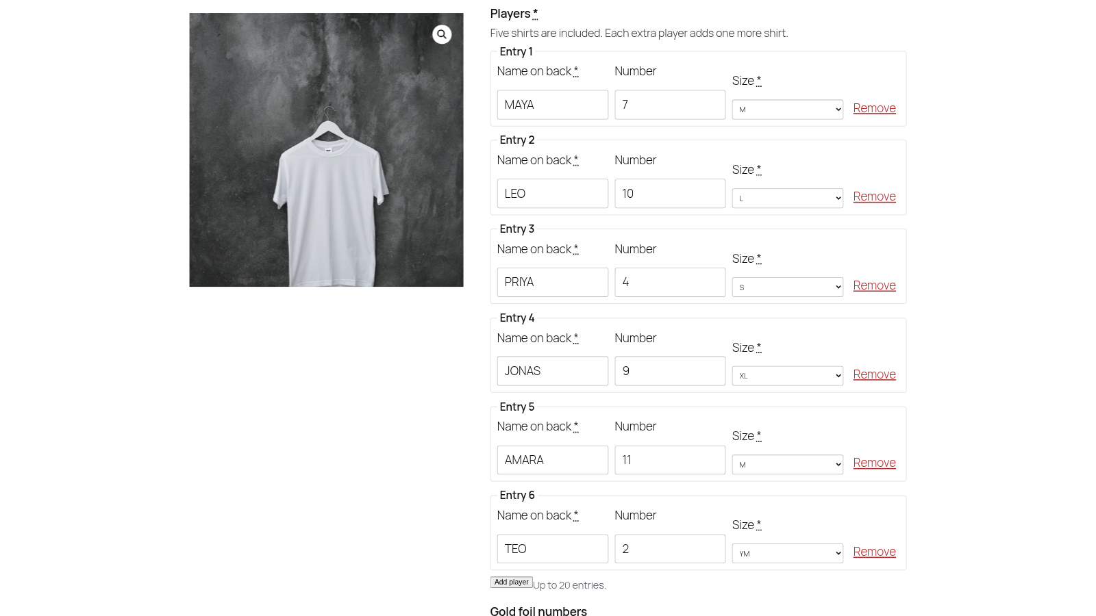 Team shirt with a repeater field: one row per player with name, number and size