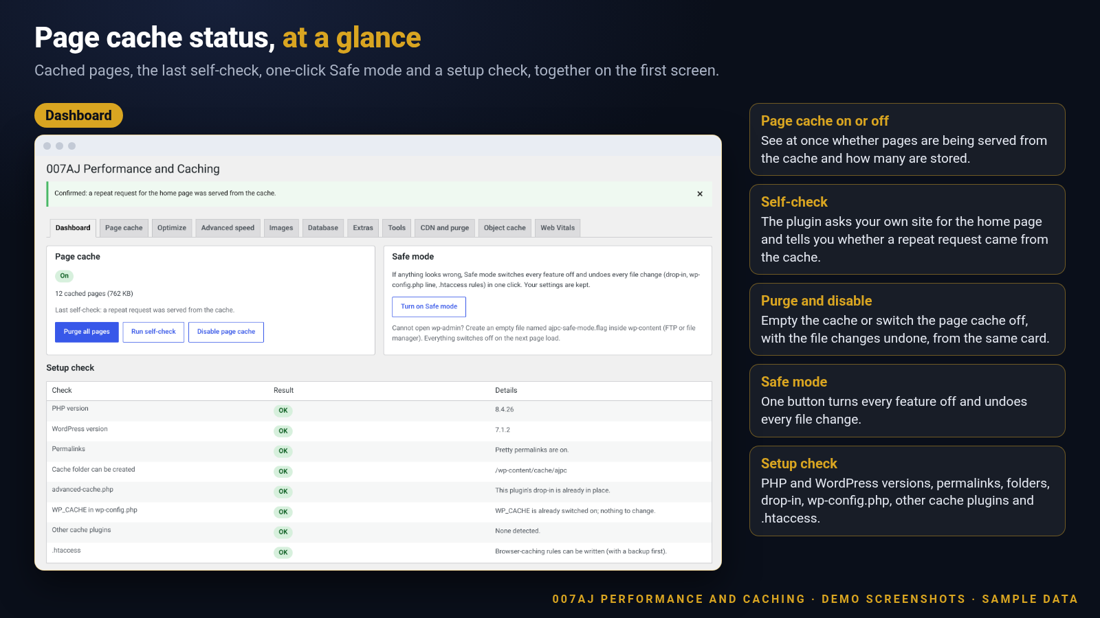 Screenshot of the 007AJ Performance and Caching dashboard with the page cache status, the Safe mode card and the setup check