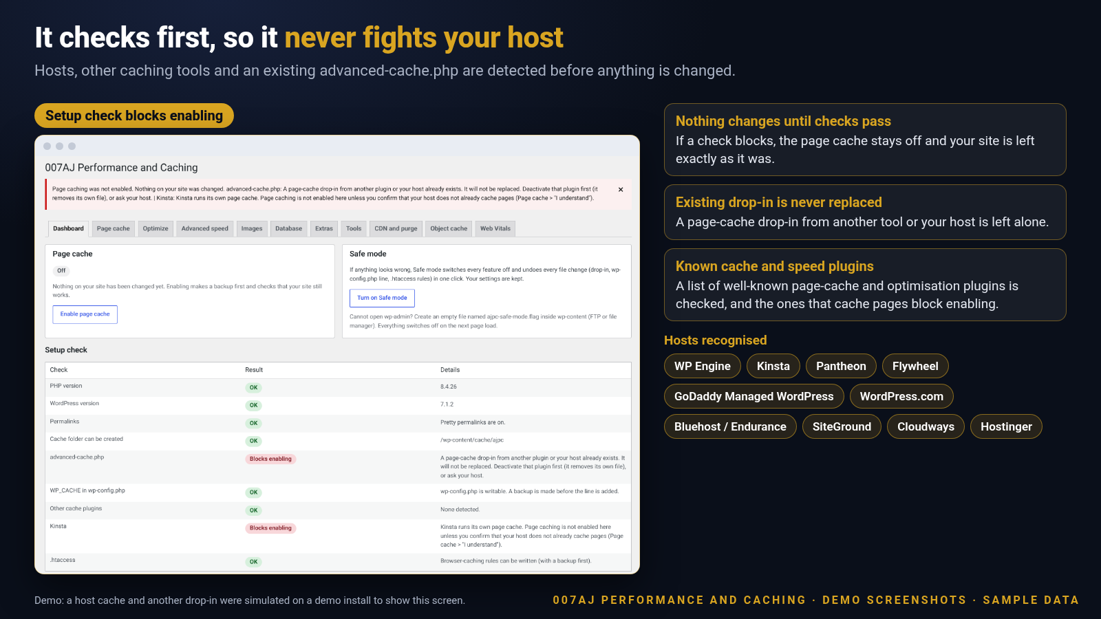 Screenshot of the setup check showing a detected host page cache and another plugin’s advanced-cache.php file, with page caching held back