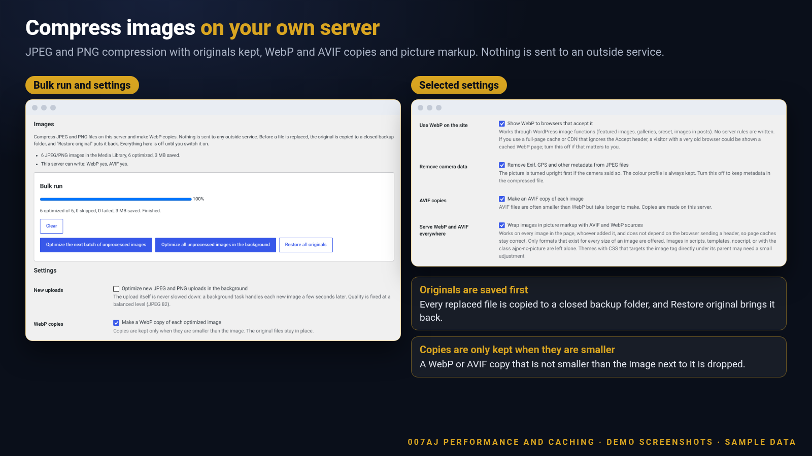 Screenshot of the Images screen with compression settings, a bulk run with progress and WebP and AVIF options