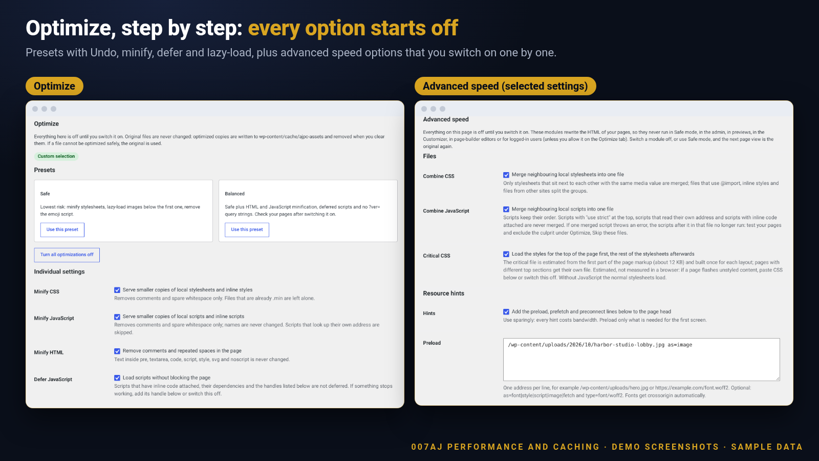 Screenshot of the Optimize presets and options, with selected Advanced speed settings