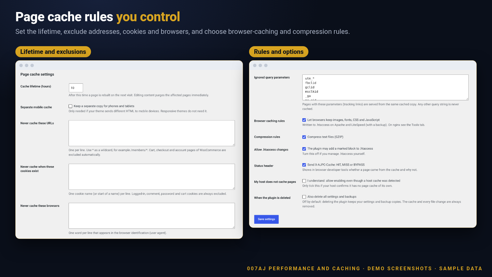 Screenshot of the Page cache settings screen with cache lifetime, mobile cache, exclusions and the status header option