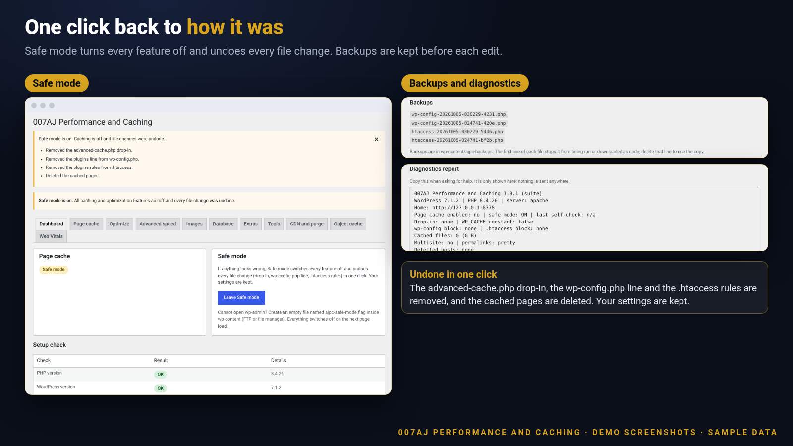 Screenshot of Safe mode turned on, the list of saved backups of wp-config.php and .htaccess, and the Undo last change option