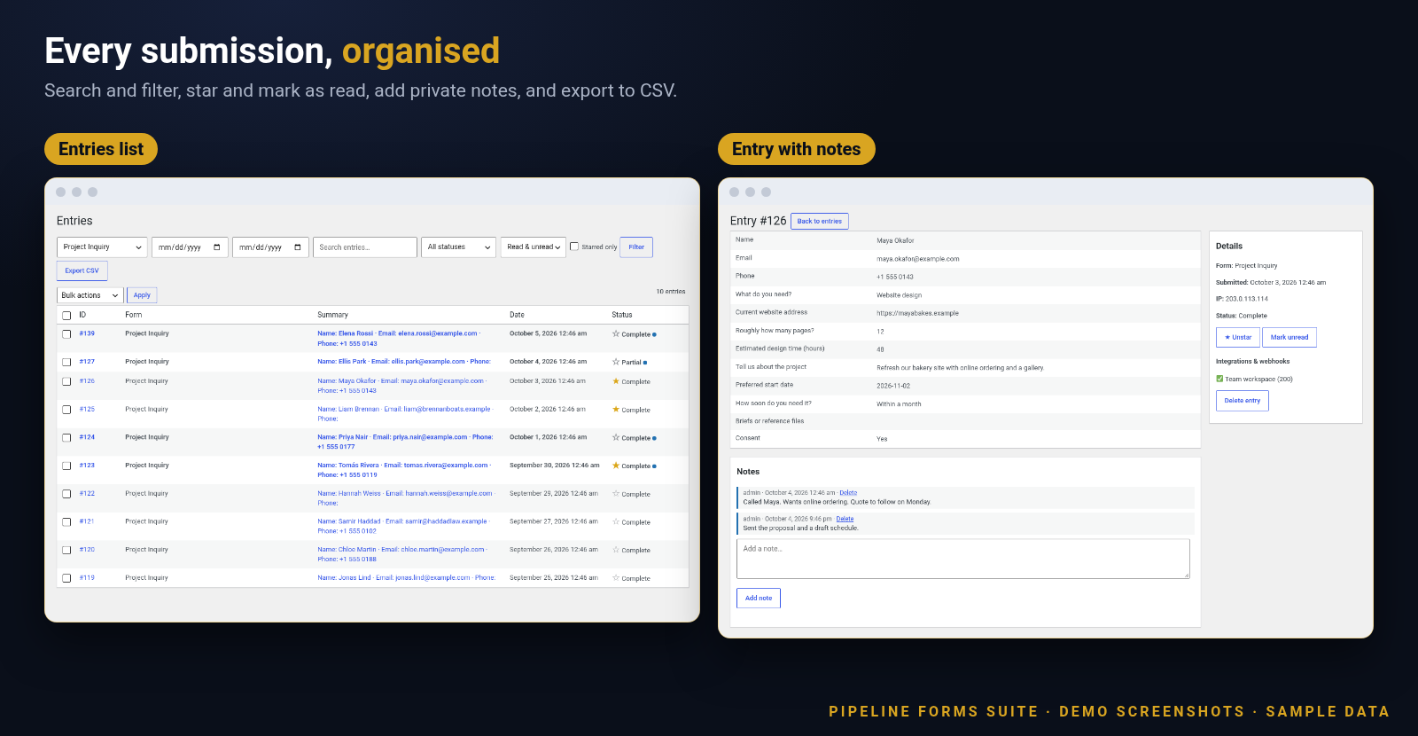 Screenshot of the Pipeline Forms Suite entries list and an entry detail view with private notes