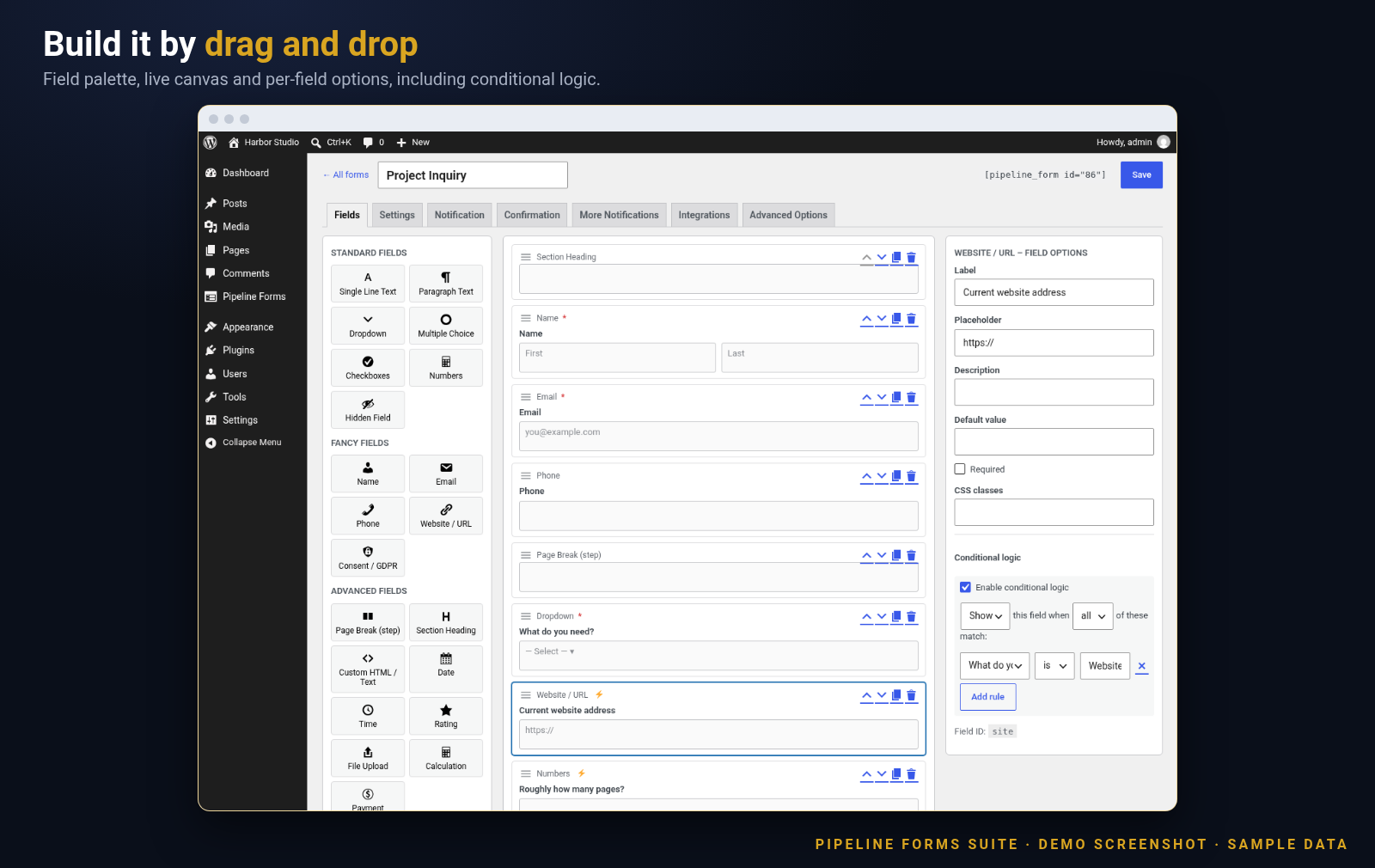 Screenshot of the Pipeline Forms Suite builder with the field palette, a form canvas and conditional logic options for a field