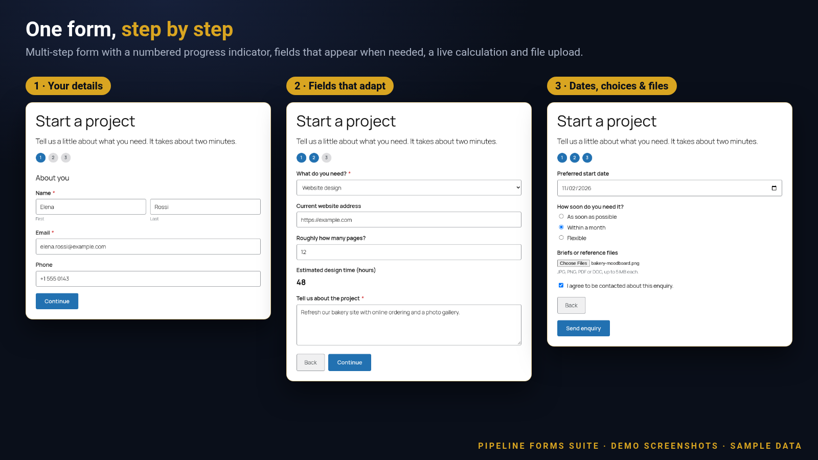 Screenshots of a three-step Pipeline Forms Suite project enquiry form on a website, with a progress bar and a thank-you message