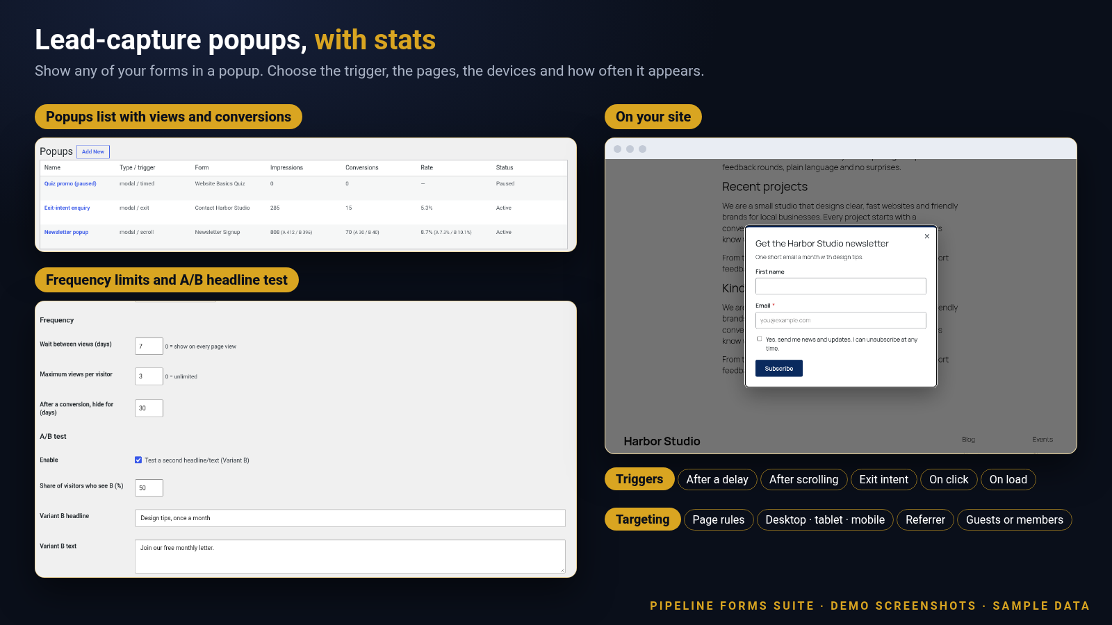 Screenshot of the Pipeline Forms Suite popups list with views and conversions, popup frequency and A/B settings, and a newsletter popup on a website