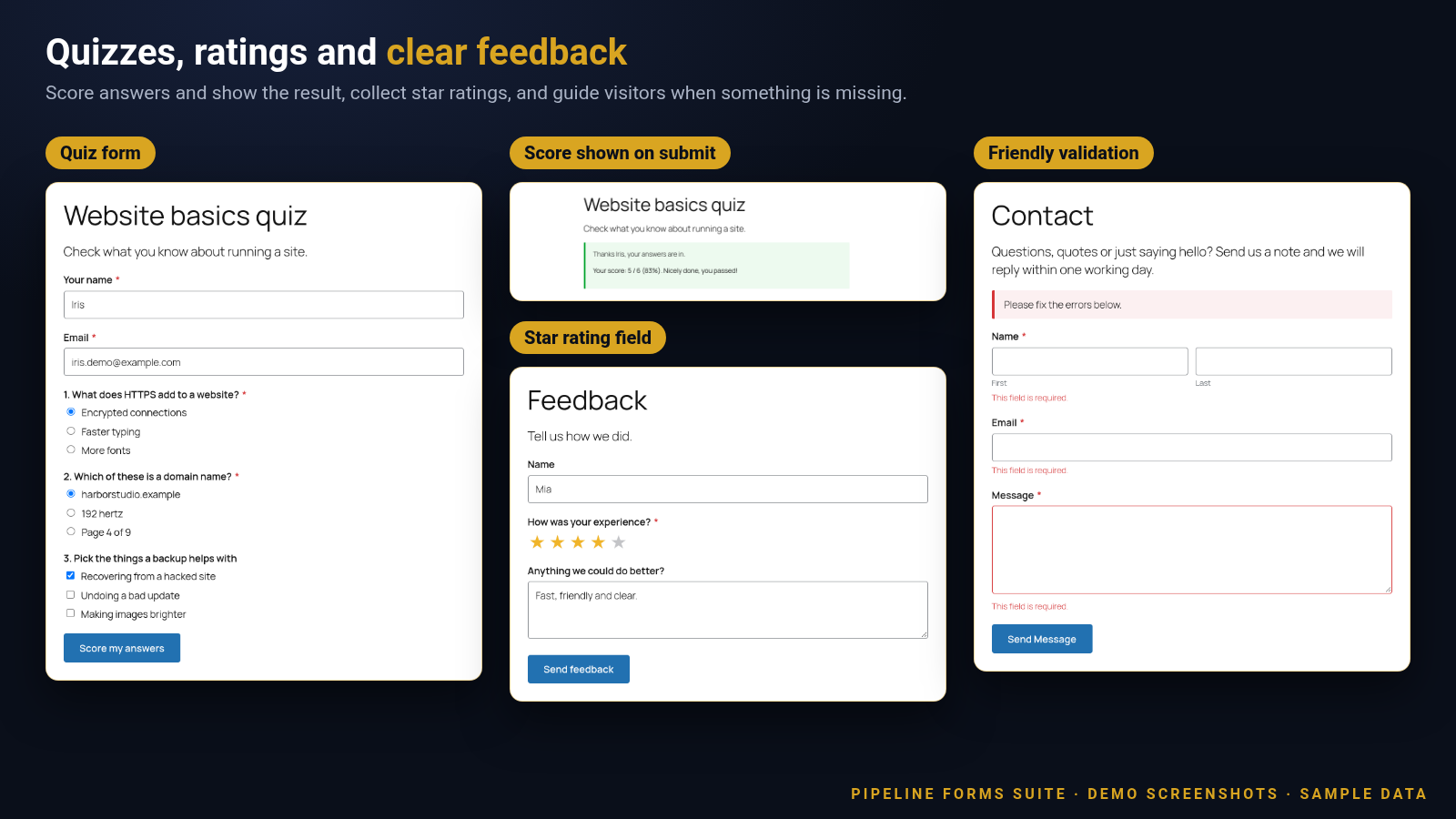 Screenshots of a quiz form, the score shown after submitting, a star-rating form and friendly field-level validation messages