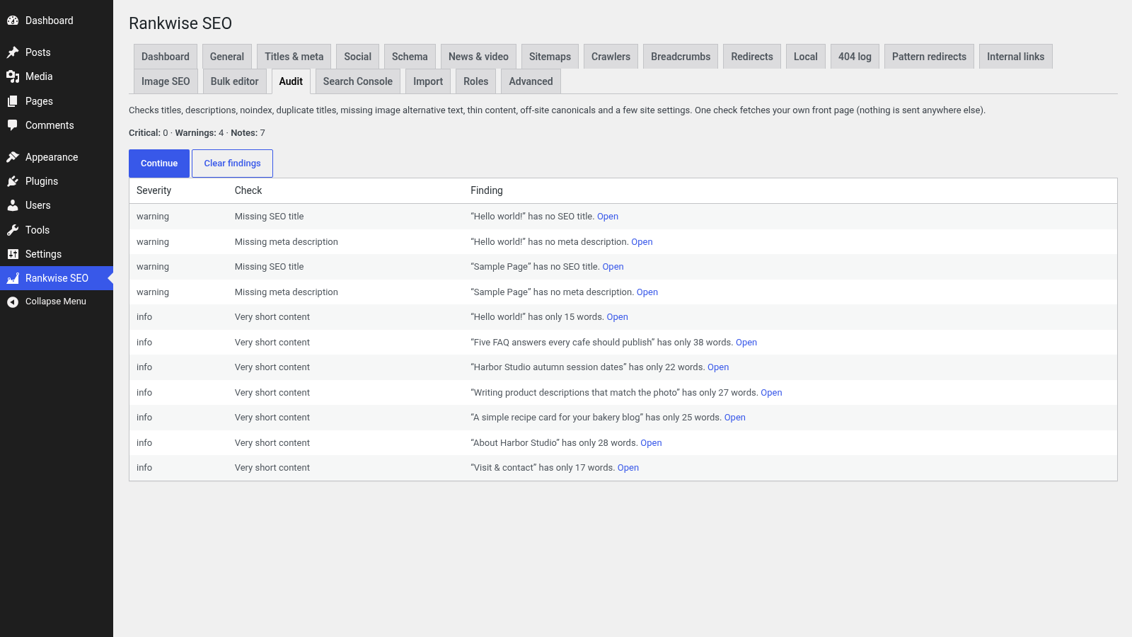Screenshot of the Rankwise SEO Suite audit screen with warning and info findings on sample content